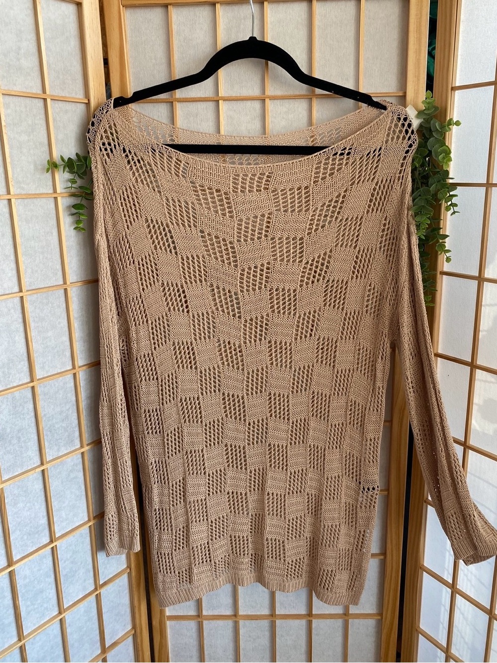 SHEIN Open-Knit Scoop Neck Tan Sweater
